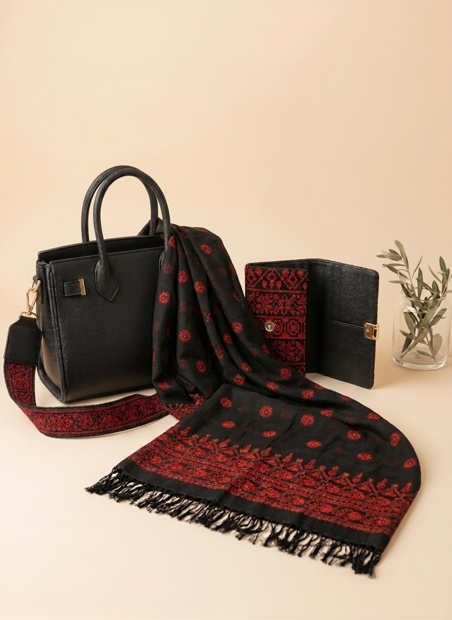 The Tatreez Collection — Embroidered Wallet, Scarf & Detachable Handle