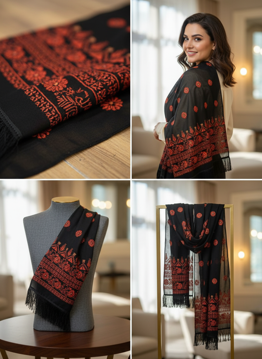 Women's Black Hand-Embroidered Georgette Scarf - Versatile - Traditional Design