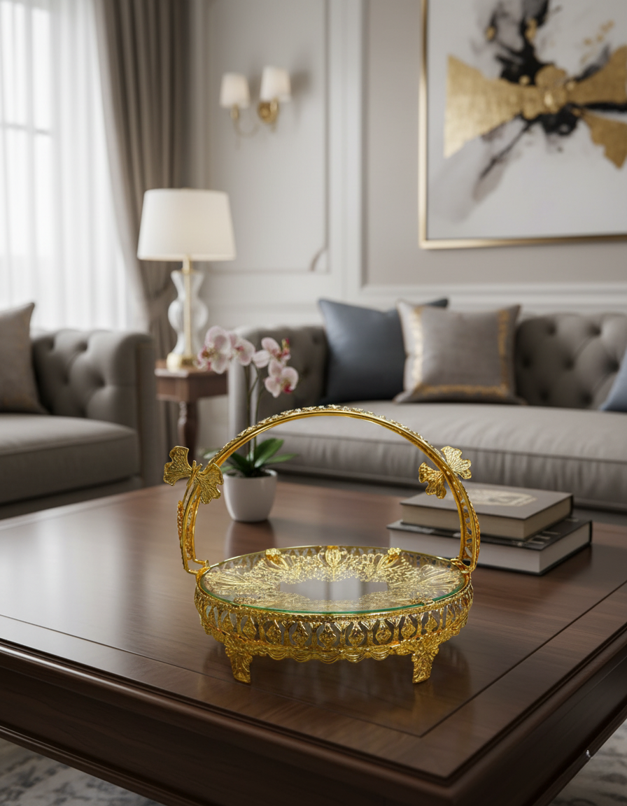 صينية حلويات نحاسية أنيقة مع طبق زجاجي ومقبض