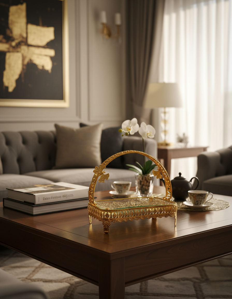 Elegant Copper Dessert Tray with Glass Plate & Handle