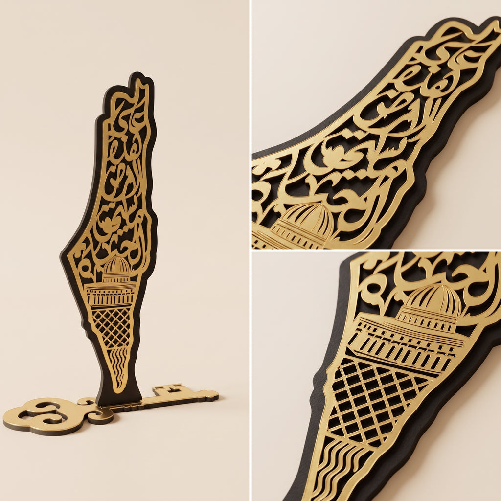 Handcrafted Eastern Geographic Map Wooden Tabletop Decor — Laser-Cut Golden Acrylic Key Base