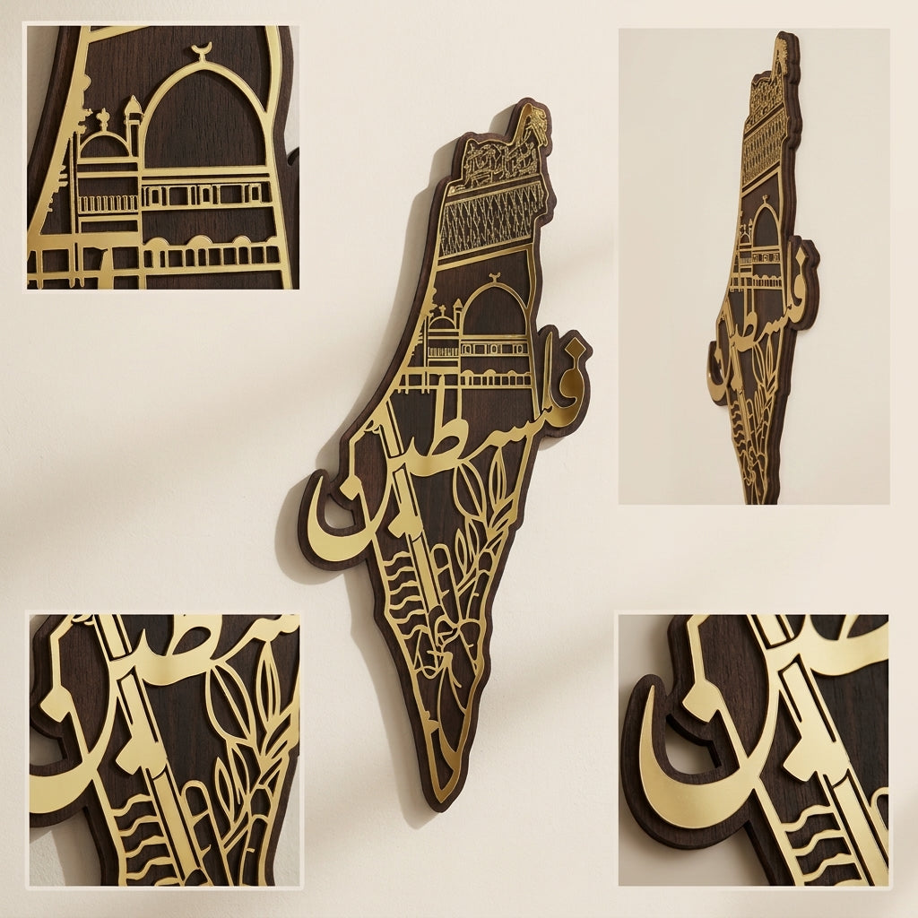 Handcrafted Eastern Geographic Map Wooden Wall Art — Laser-Cut Golden Acrylic Heritage Accent