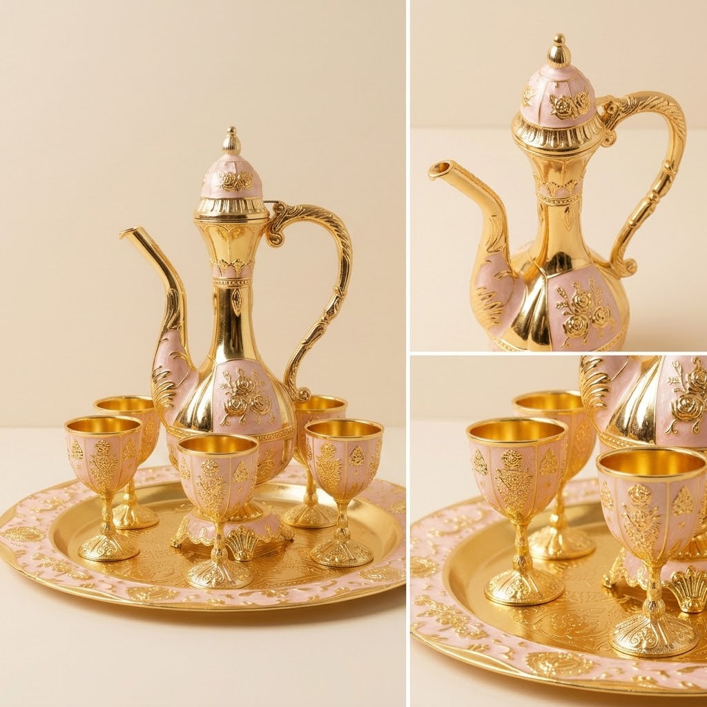 Handcrafted Eastern Style Copper Enamel Display Set — Ornate Pitcher, 6 Cups & Tray Collection