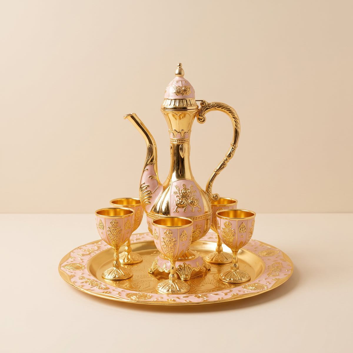 Handcrafted Eastern Style Copper Enamel Display Set — Ornate Pitcher, 6 Cups & Tray Collection
