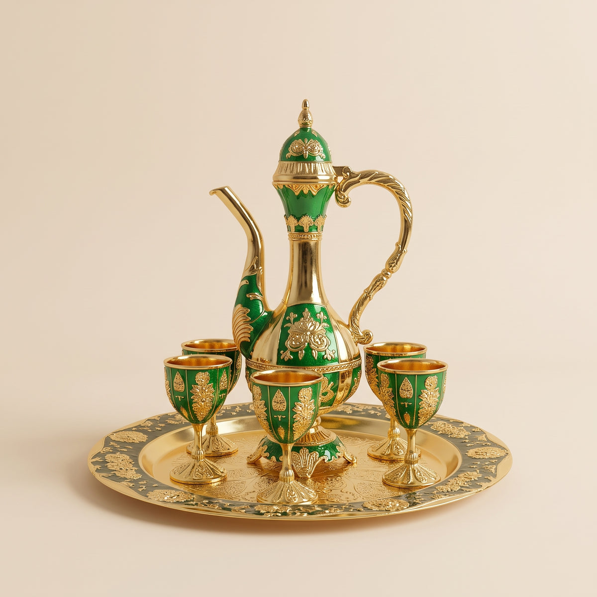 Handcrafted Eastern Style Copper Enamel Display Set — Ornate Pitcher, 6 Cups & Tray Collection