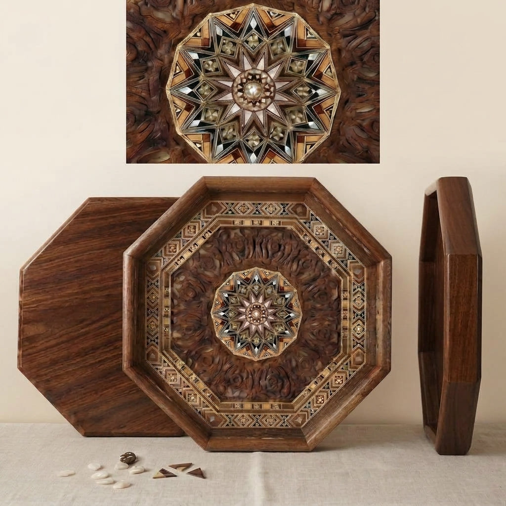 Handcrafted Syrian Mosaic Wooden Tray (18")