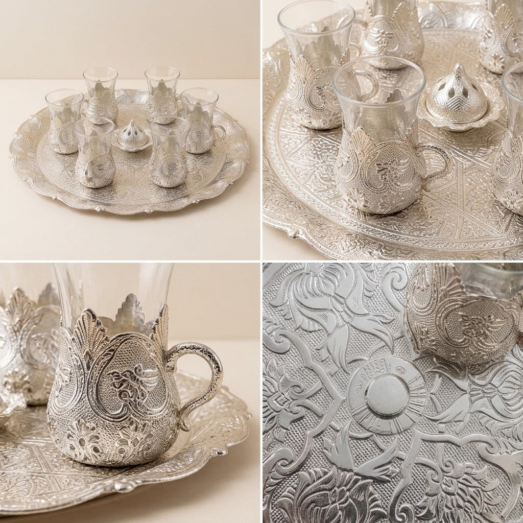 Handcrafted Turkish & Moroccan Style Tea Set — Ornate Silver Tray & 6 Glass Cups with Sugar Bowl