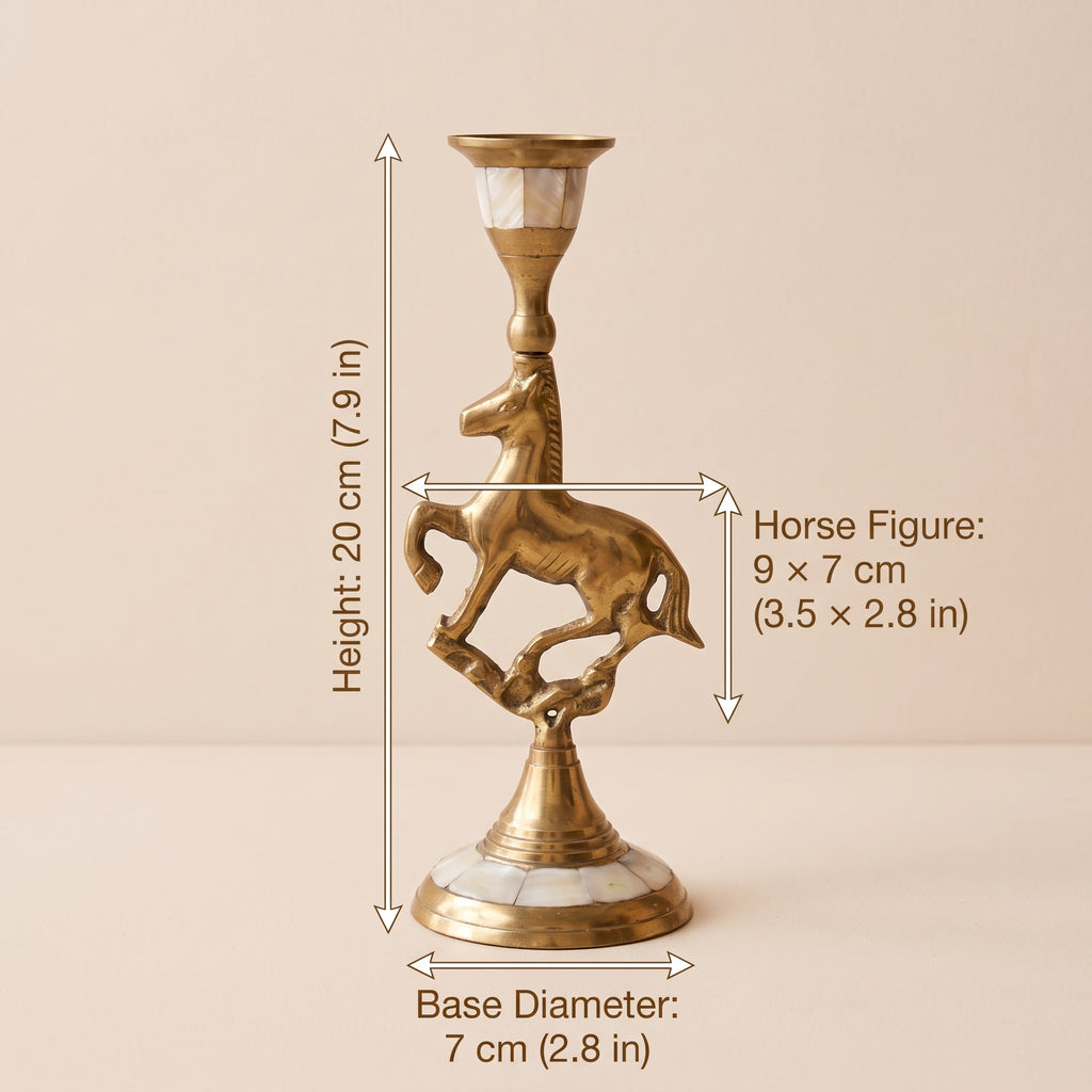Handcrafted Antique Brass Candleholder with Mother-of-Pearl Shell Inlay & Horse Motif