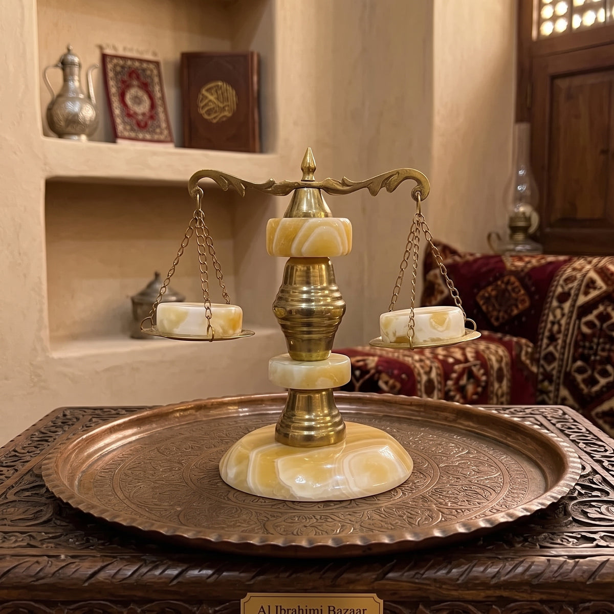 Handcrafted Antique Brass & Onyx Marble Decorative Balance Scale