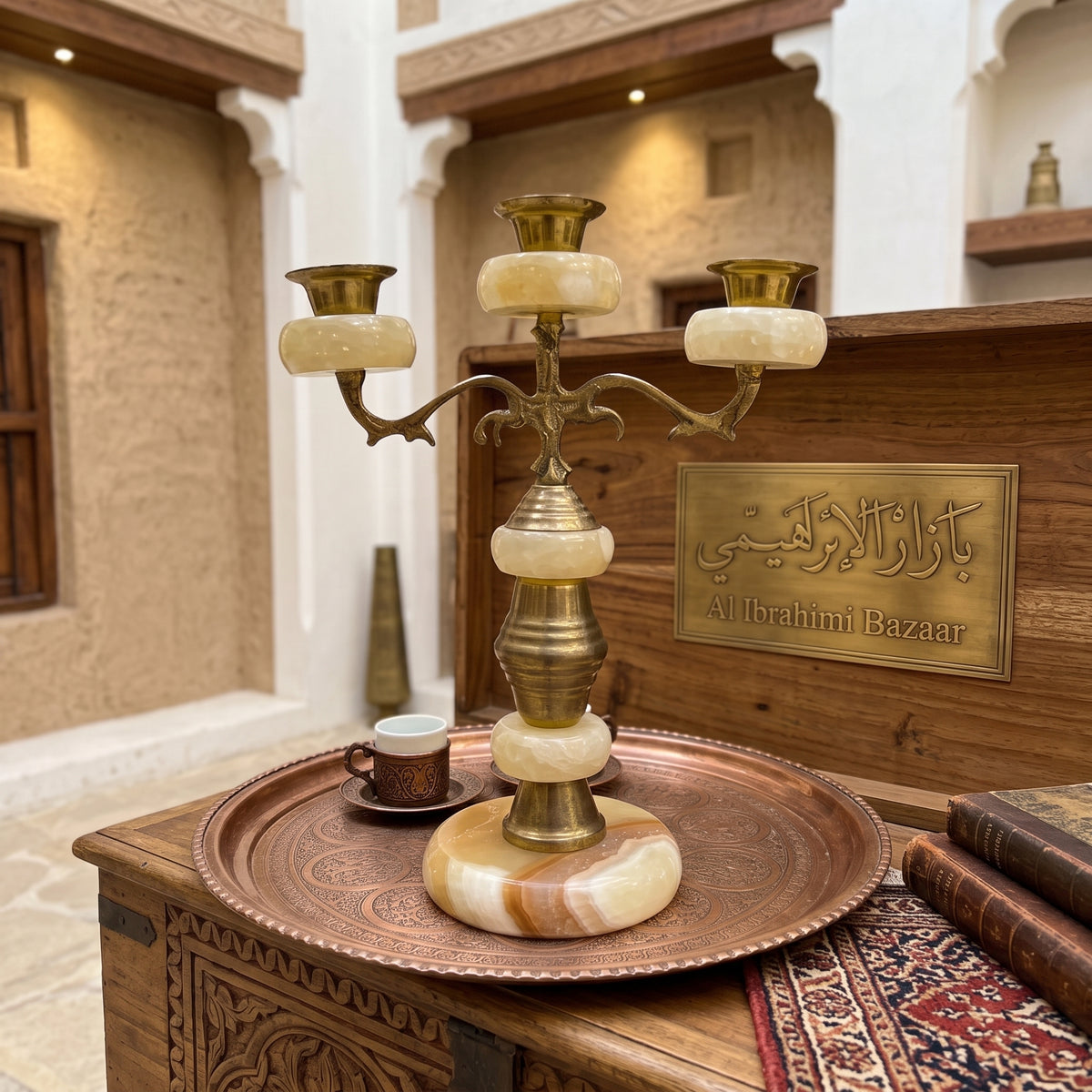 Handcrafted Antique Brass & Onyx Marble Triple-Arm Candleholder Candelabra