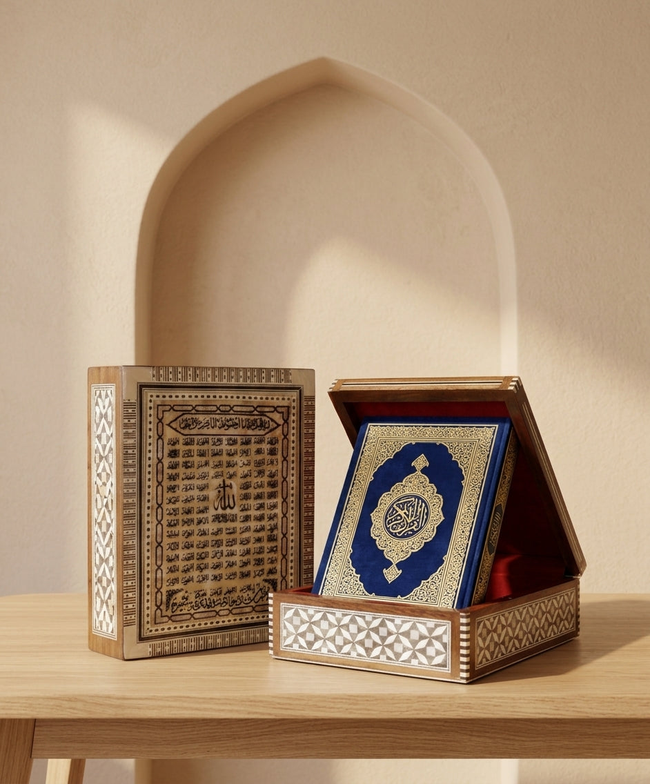 Handcrafted Egyptian Mosaic Shell Wooden Box Set — Luxury Geometric Case & Traditional Script Volume