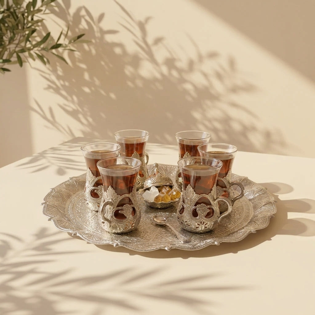Handcrafted Turkish & Moroccan Style Tea Set — Ornate Silver Tray & 6 Glass Cups with Sugar Bowl