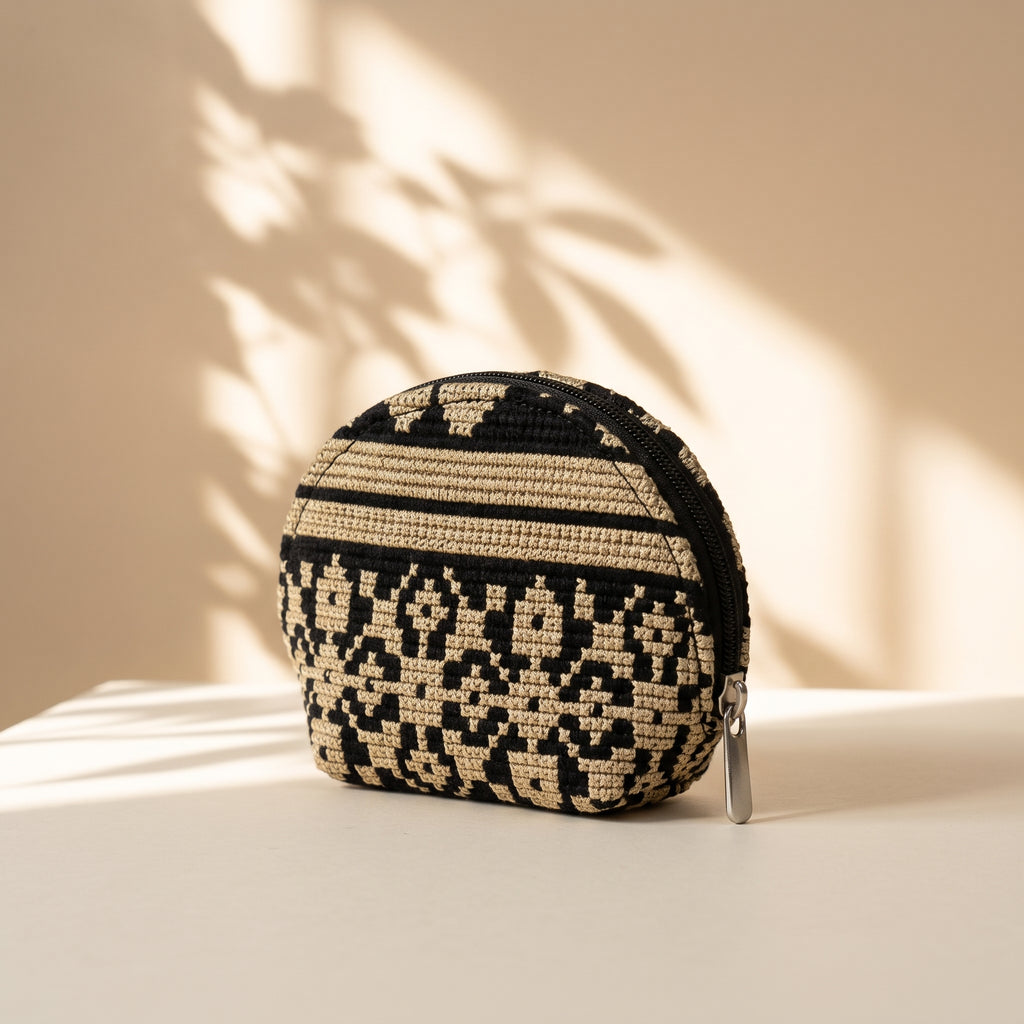 Handmade Embroidered Cotton Round Coin Purse — Compact Heritage Accessory Pouch