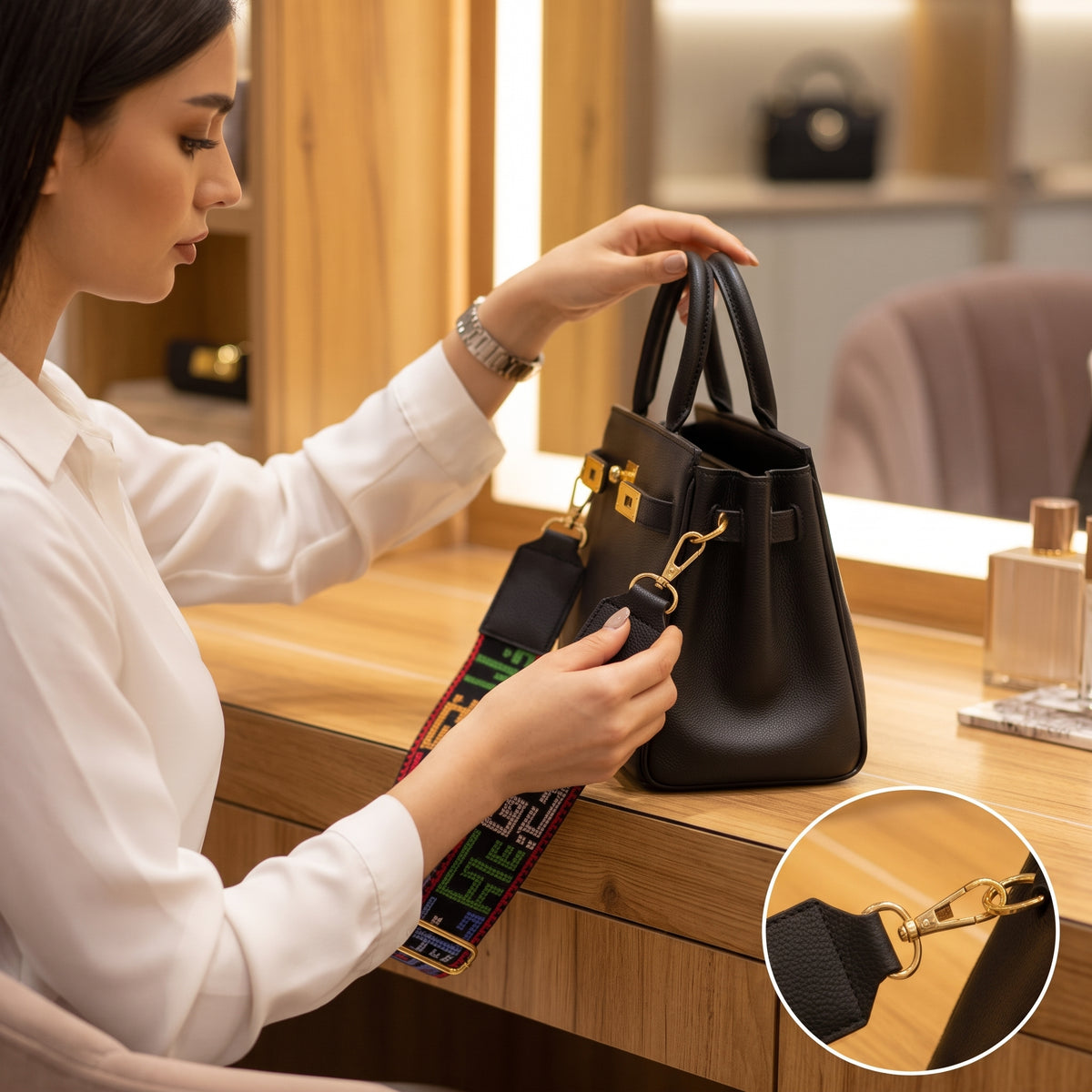 Handmade Embroidered Fabric Detachable Bag Handle — Premium Faux Leather Crossbody Strap