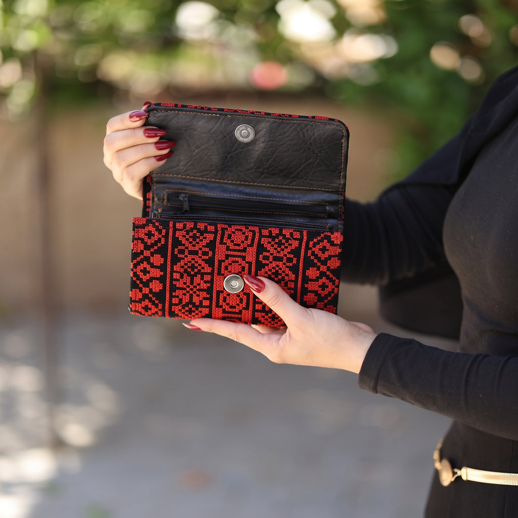 Handmade Embroidered Fold Wallet — Red & Black Heritage Clutch