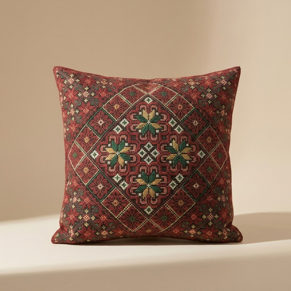 Handmade Embroidered Square Pillow Cover — 15.75x15.75 Lightweight Boho-Chic Cushion Case