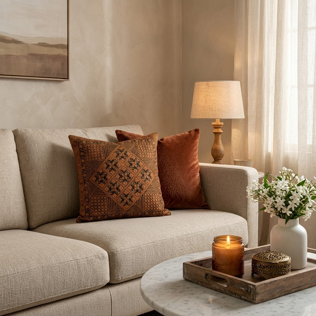Handmade Embroidered Square Pillow Cover — 15.75x15.75 Lightweight Boho-Chic Cushion Case