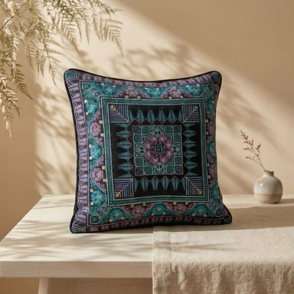 Handmade Embroidered Square Pillow Cover — Luxury Boho-Chic Heritage Accent Cushion Case
