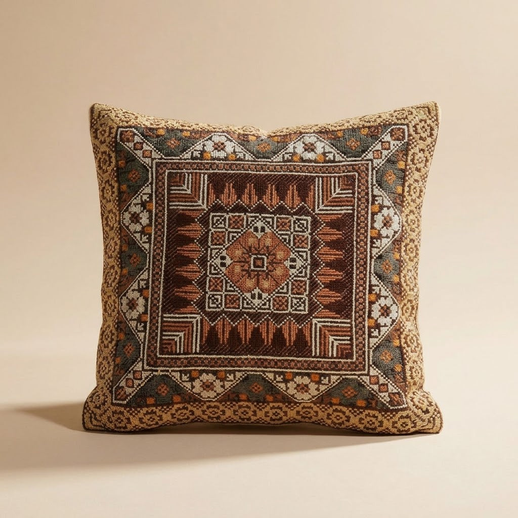 Handmade Embroidered Square Pillow Cover — Luxury Boho-Chic Heritage Accent Cushion Case