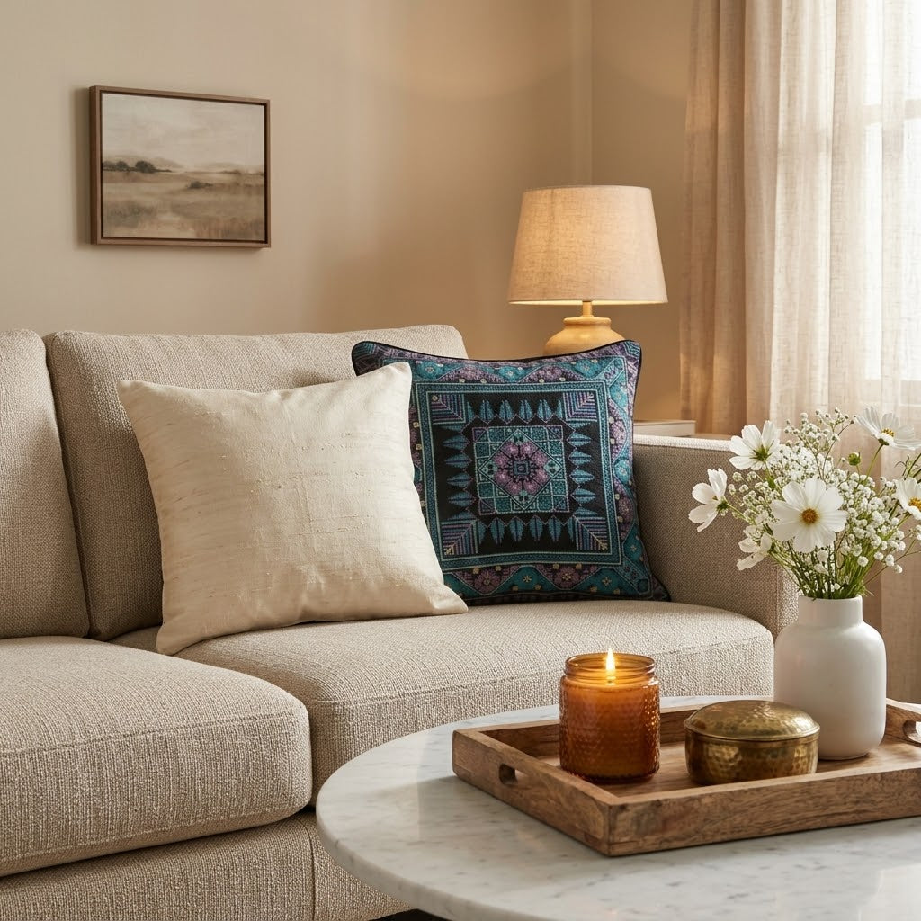 Handmade Embroidered Square Pillow Cover — Luxury Boho-Chic Heritage Accent Cushion Case