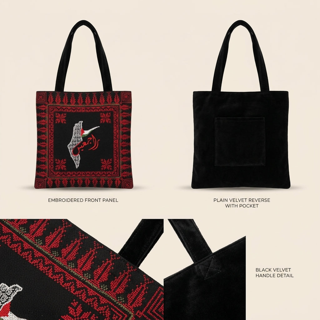 Handmade Embroidered Velvet Shoulder Bag — Traditional Calligraphy & Heritage Map Tote