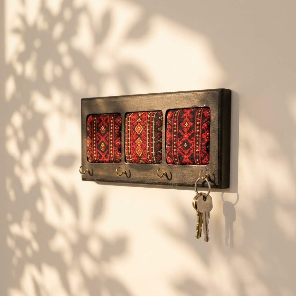 Handmade Embroidered Wooden Keychain — Compact Heritage Key Ring Accessory