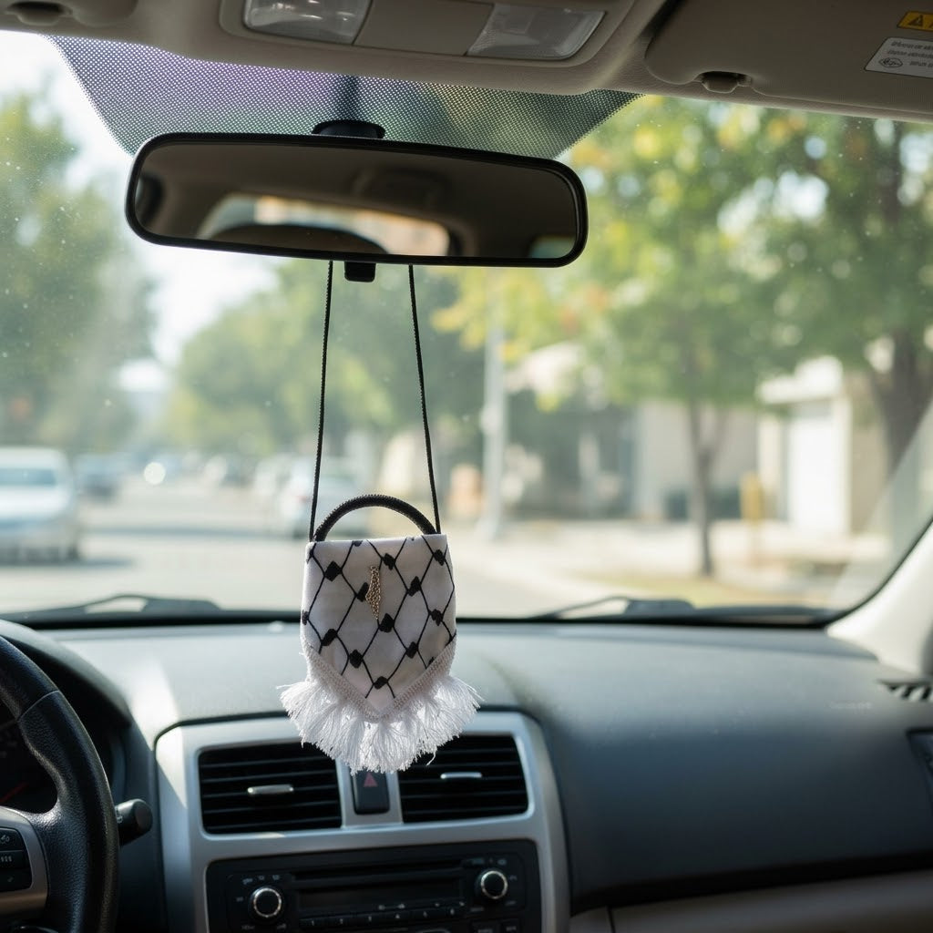 Handmade Heritage Rearview Mirror Car Hanging Ornament — Traditional Fabric Miniature Accent