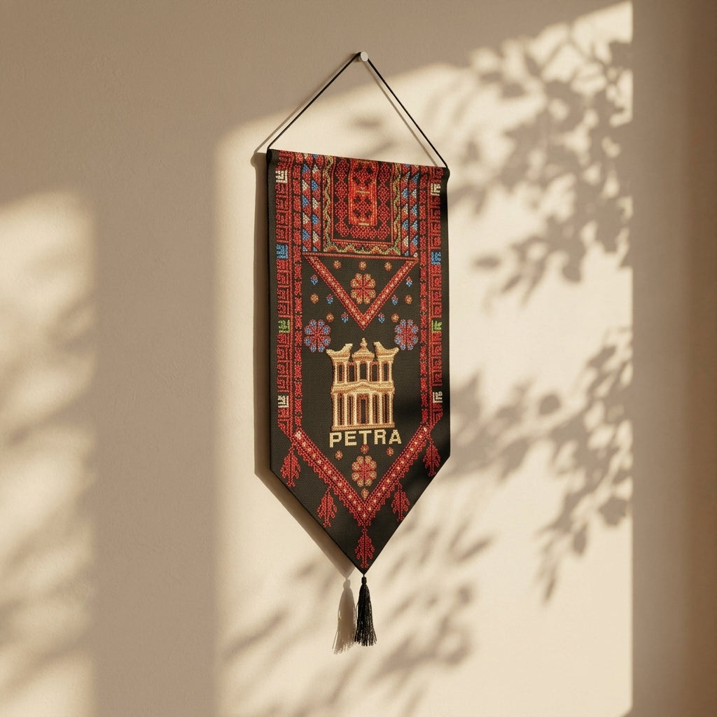 Handmade Modern Embroidered Fabric Wall Hanging — Luxury Black & Red Boho-Chic Heritage Textile Art