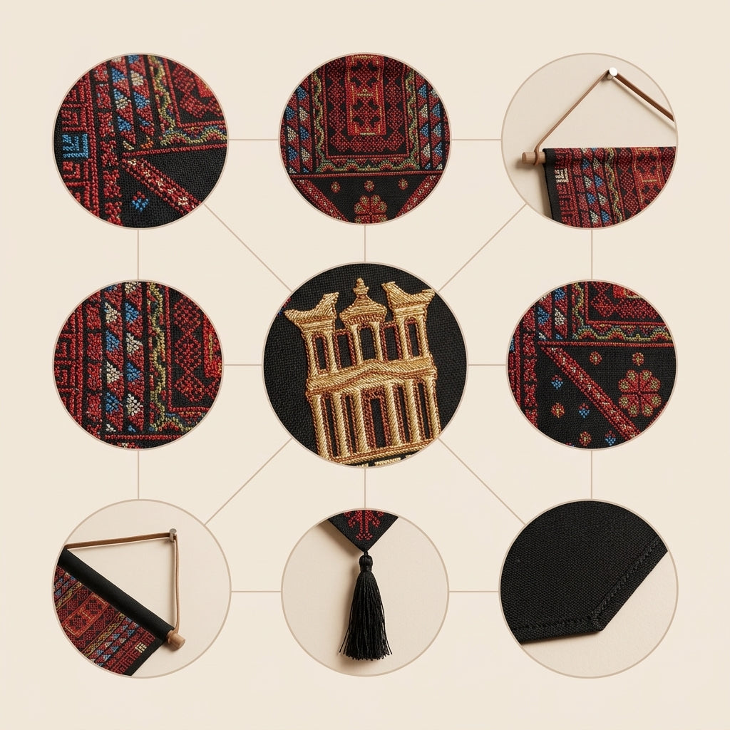 Handmade Modern Embroidered Fabric Wall Hanging — Luxury Black & Red Boho-Chic Heritage Textile Art