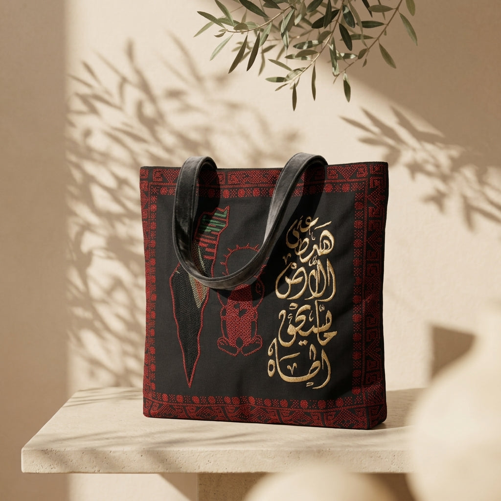 Handmade Embroidered Linen Drawstring Bag — Traditional Calligraphy & Heritage Motif Pouch