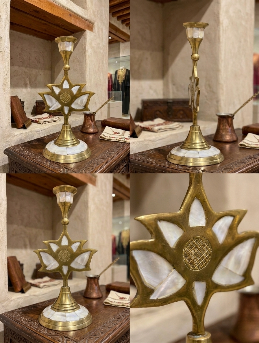 Antique Brass Candleholder with Shell Inlay & Leaf Figurine