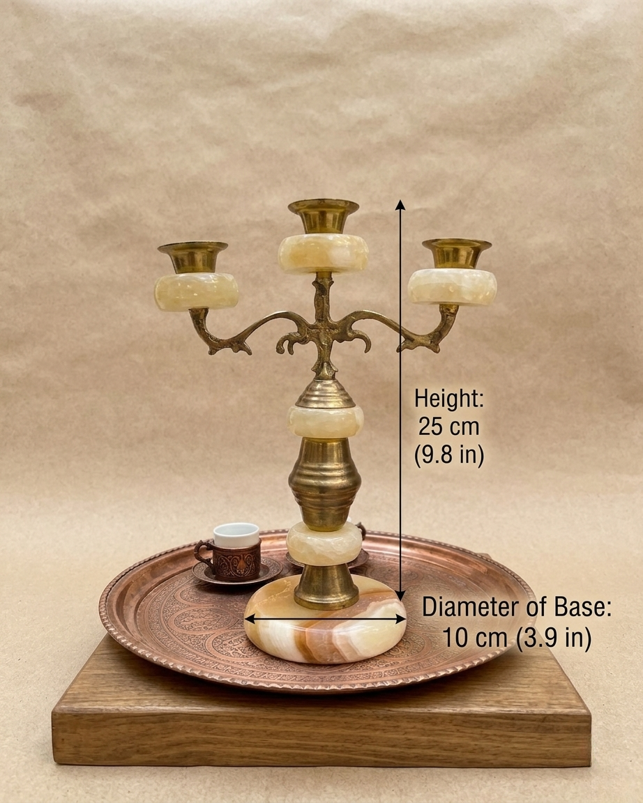 Antique Brass & Onyx Marble Triple Candleholder | Handmade