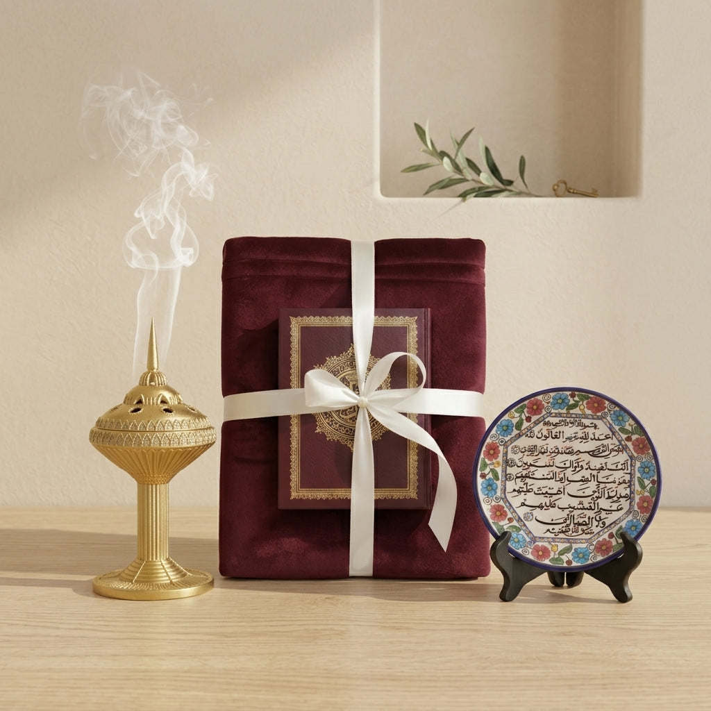 Luxury Eastern Mindfulness Gift Set – Heritage Rug, Arabic Calligraphy & Incense Burner