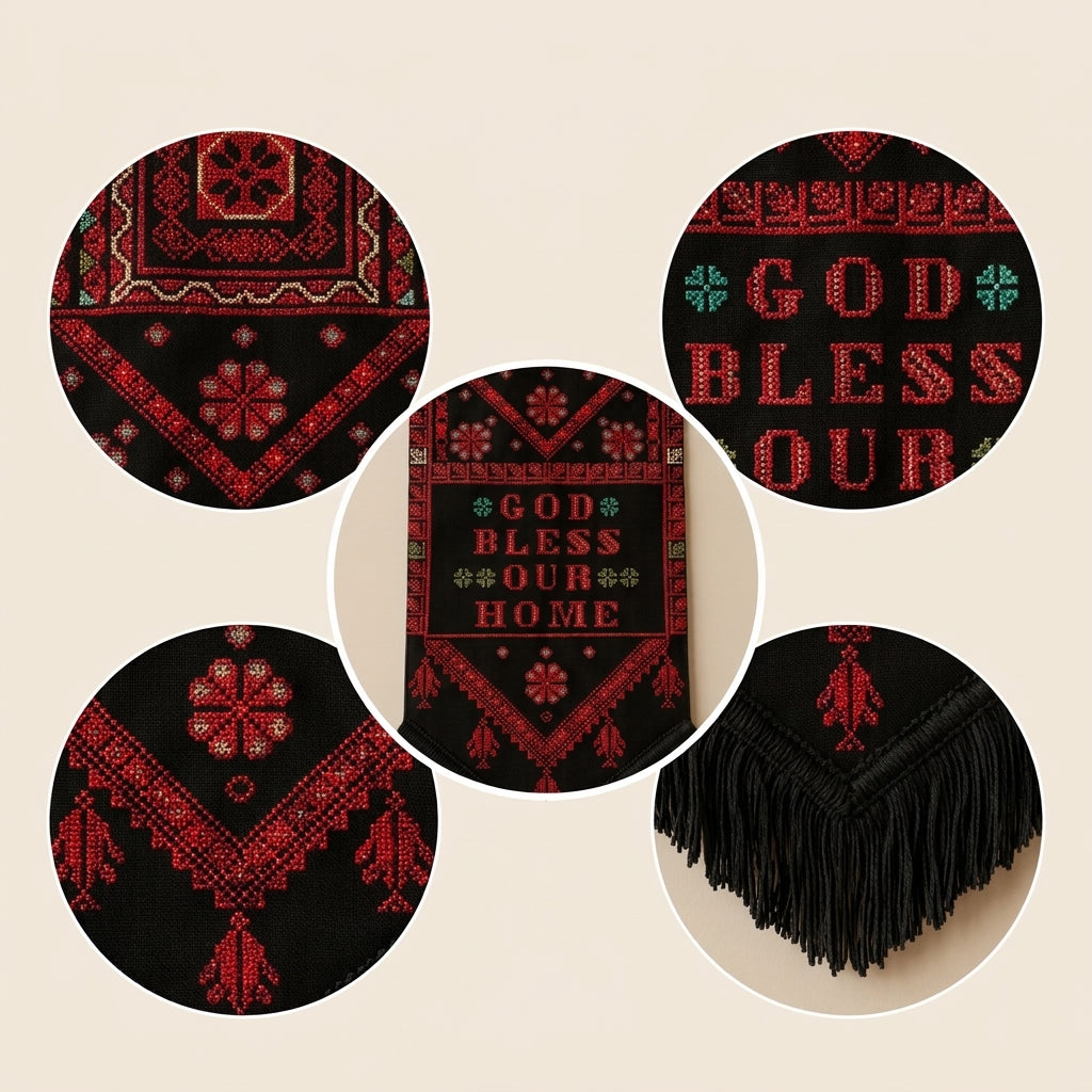 Modern Hand-Embroidered Canvas Wall Art — Black & Red Heritage Blessing Display
