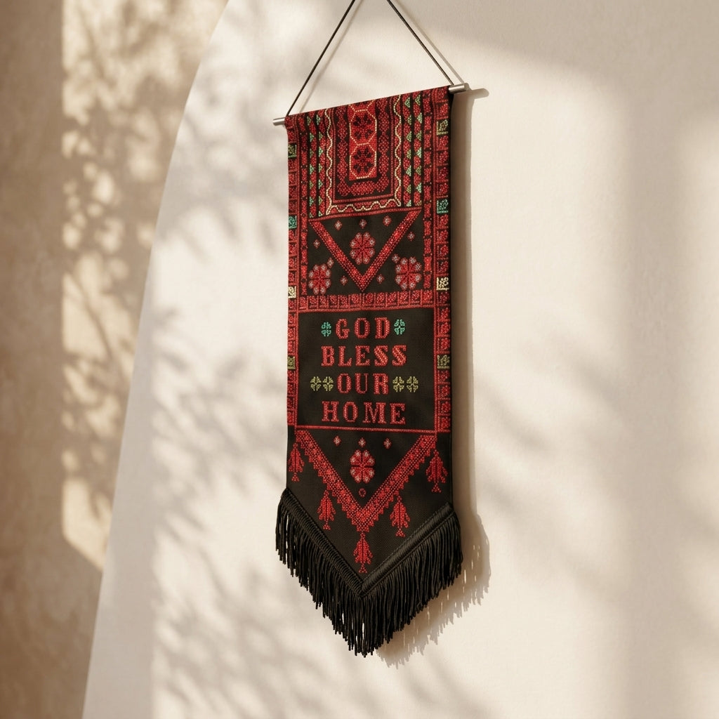 Modern Hand-Embroidered Canvas Wall Art — Black & Red Heritage Blessing Display