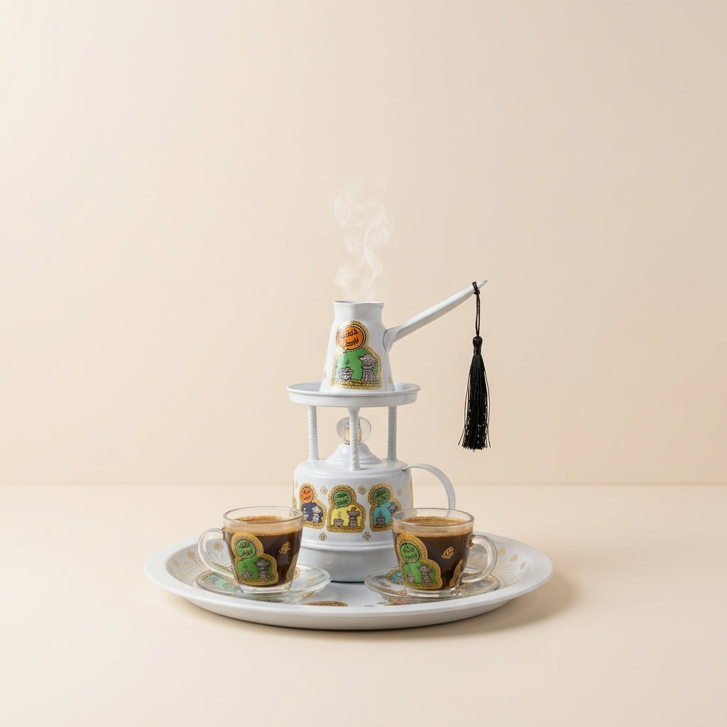 Premium Eastern Coffee Serving Set — Handcrafted Brass Dallah with Built-in Warmer & Glass Cups