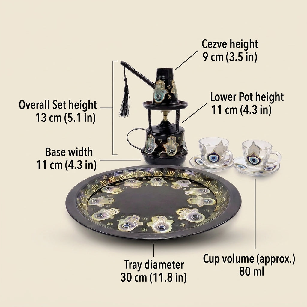 Premium Eastern Coffee Serving Set — Handcrafted Brass Dallah with Built-in Warmer & Glass Cups