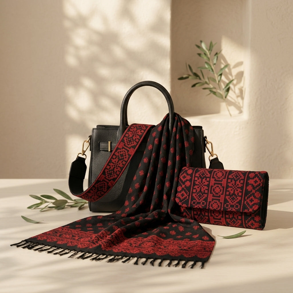 The Tatreez Heritage Gift Set — Embroidered Wallet, Scarf & Bag Handle
