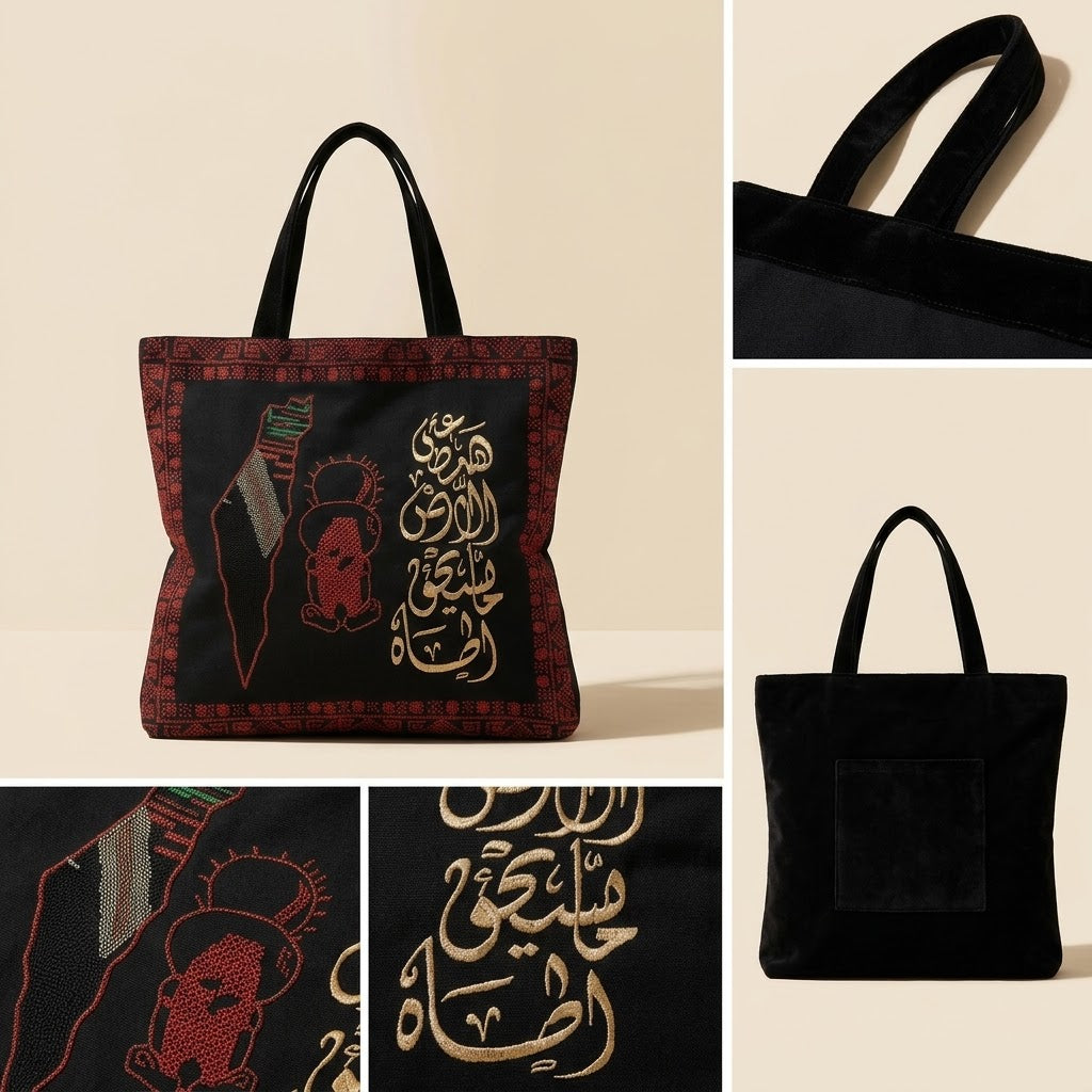 Handmade Embroidered Linen Drawstring Bag — Traditional Calligraphy & Heritage Motif Pouch