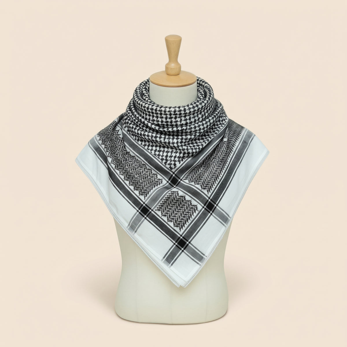 Traditional Monochrome Woven Heritage Scarf — Lightweight Center-Fringe Shawl Wrap