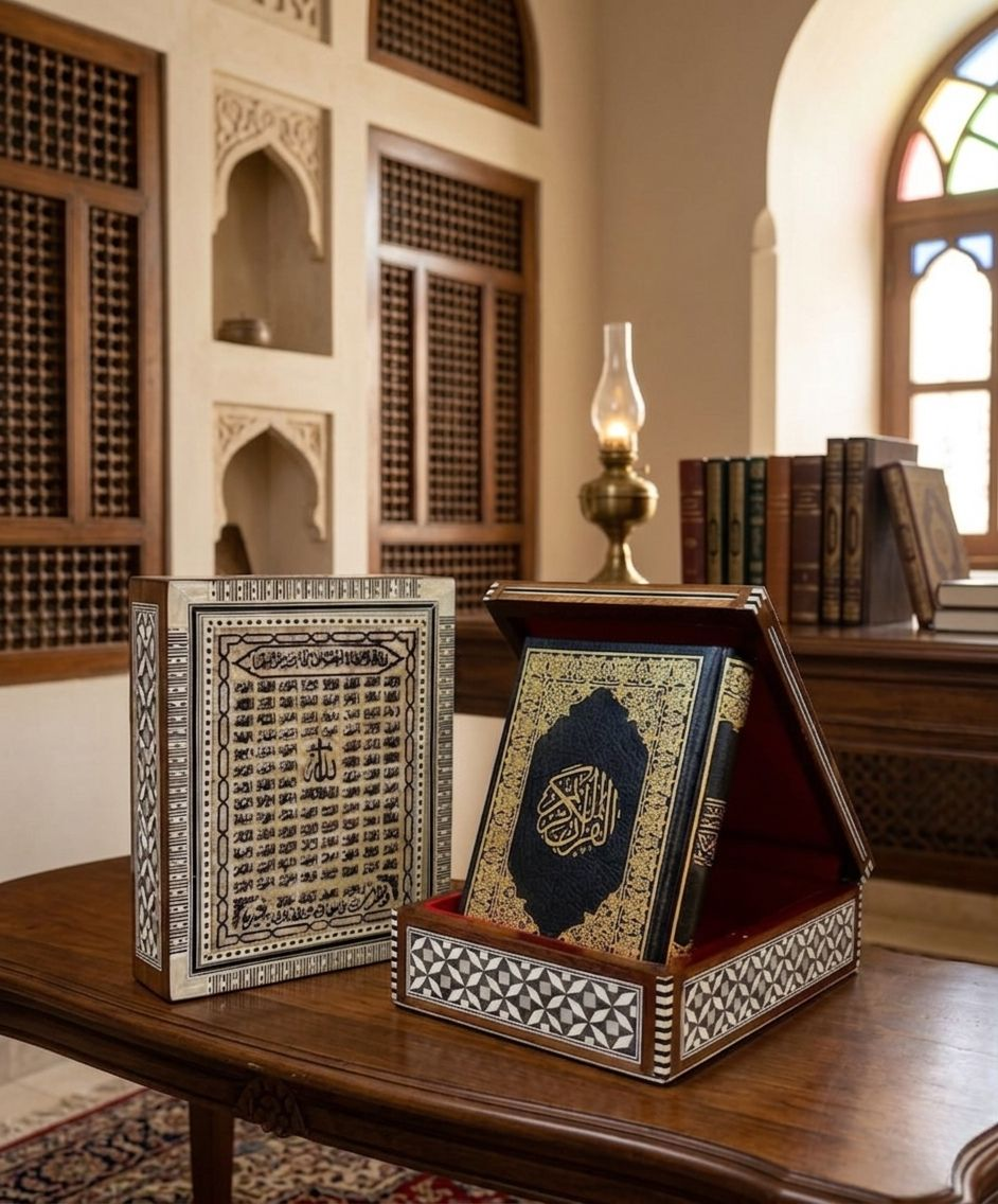 Egyptian Mosaic Shell Quran Box | Names of Allah & Red Lined Interior
