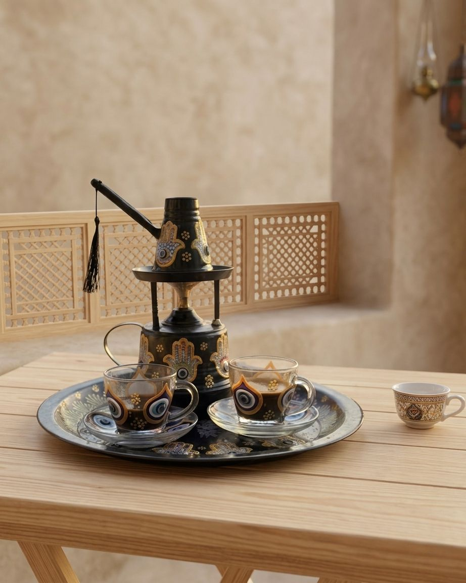 Arabic Coffee Set - Brass Dallah with Warmer & Glass Cups
