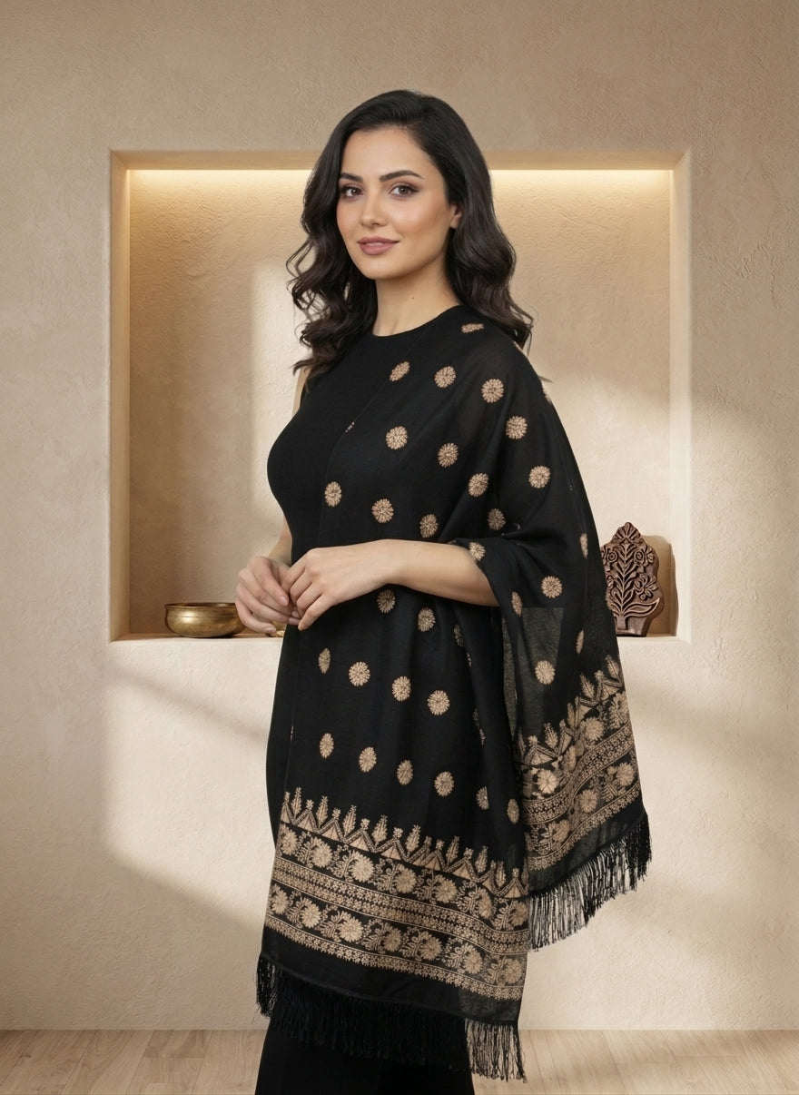 Women's Black Hand-Embroidered Georgette Scarf — Versatile Traditional Design Wrap