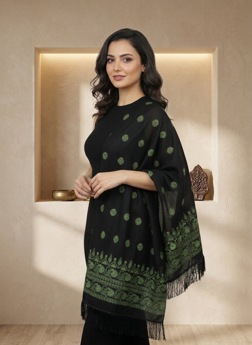 Women's Black Hand-Embroidered Georgette Scarf — Versatile Traditional Design Wrap