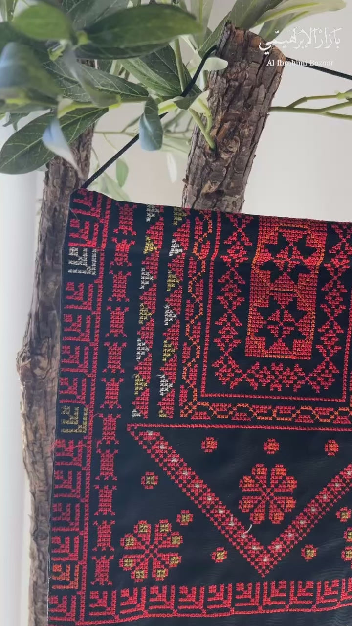 Modern Embroidered Fabric Wall Art | Black & Red